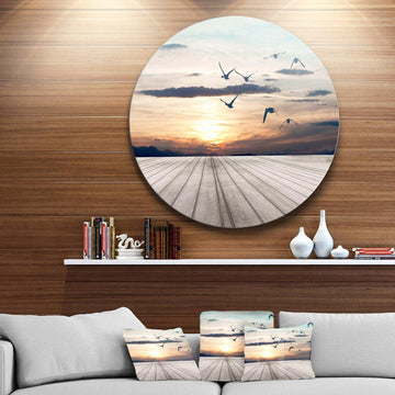 Wooden Floor Sunset - Coastal Metal Circle Wall Art
